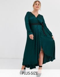 Little Mistress Plus satin wrap dress with contrast waistband in green   ASOS at Asos